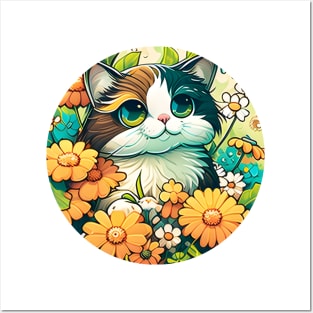 Happy Cute Cat In Flowers - Floral kitty - Cat Filled With Flowers Posters and Art